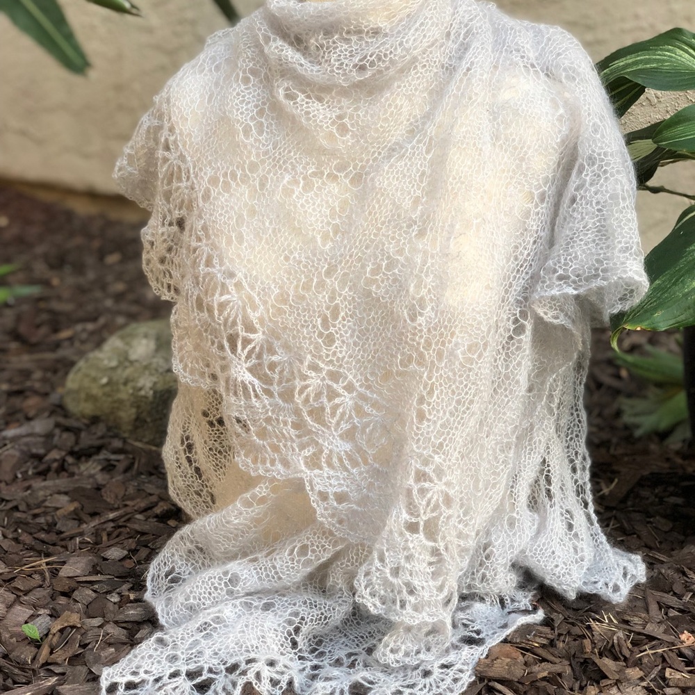 Hand knitted light grey mohair shawl